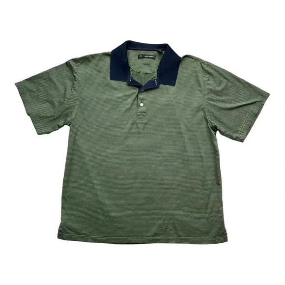 GREG NORMAN Green & Navy Blue Stripe Golf Polo sz L 100% Cotton Short Sleeve - Picture 1 of 5